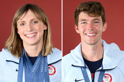 A split of gold medalists Katie Ledecky and Nick Mead