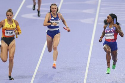 Sha'carri Richardson runs the women's 4x100m relay at the 2024 Olympics