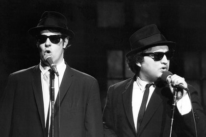 Dan Aykroyd and John Belushi during a blues brothers sketch on SNL