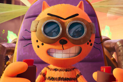 Close up image of an animated cat wearing goggles