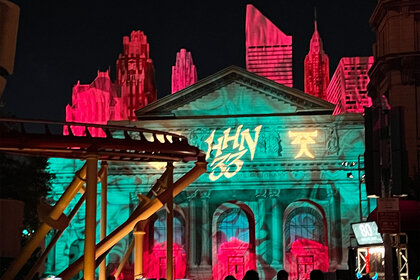 A view of the light show on a building at Halloween Horror Nights at Universal Orlando