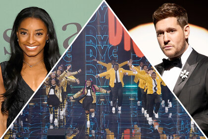 A split of Simone Biles, The Detroit Youth Choir and Michael Buble