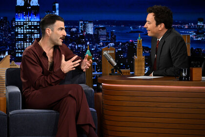 Zachary Quinto being interviewed by host Jimmy Fallon on The Tonight Show