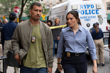 Juliana Aidén Martinez as Det. Kate Silva and Octavio Pisano as Det. Joe Velasco in Law & Order: Special Victims Unit Season 26, Episode 1.