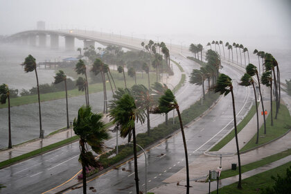 Wind gusts blow across Sarasota Bay during Hurricane Ian