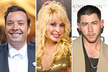 A split of Jimmy Fallon, Dolly Parton and Nick Jonas