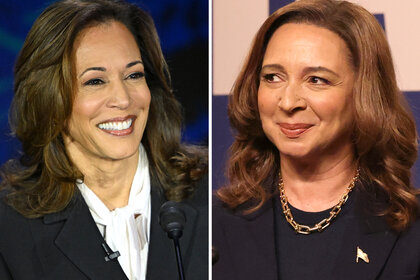 A split of Kamala Harris and Maya Rudolph as Kamala Harris in Saturday night live season 50 Episode 1