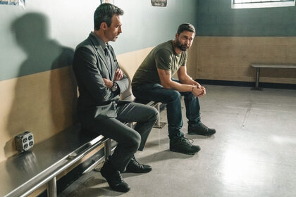 Det. Vincent Riley (Reid Scott) and Matt Riley (Ryan Eggold) in Law & Order Season 24, Episode 2.