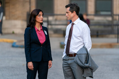 Nolan Price and Samantha Maroun talk outside on law and order Season 24 Episode 4