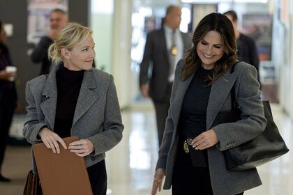 Amanda Rollins and Olivia Benson laugh together on Law and Order SVU Season 26 Episode 3