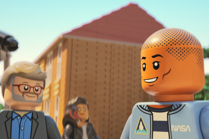 Morgan Neville and Pharrell Williams as lego characters in Piece By Piece