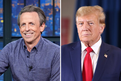 A split of Seth Meyers and Donald Trump