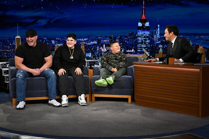 A.J., Big Justice, and The Rizzler laugh while being interviewed on The Tonight Show Starring Jimmy Fallon Season 12 Episode 17