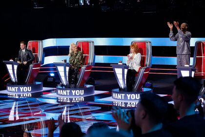 Michael Bublé, Gwen Stefani, Reba McEntire, and Snoop Dogg during The Voice Season 26 Episode 3