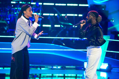 Torre Blake and Suede Lacy perform during Season 26 Episode 8 of The Voice