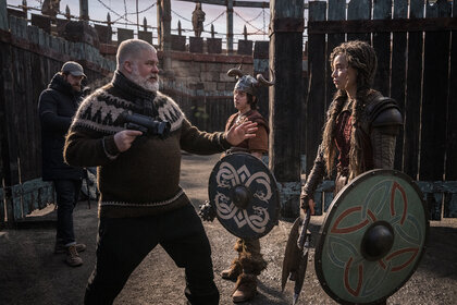 Dean DeBlois, Gabriel Howell and Nico Parker on the set of the live-action How to Train Your Dragon.