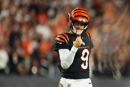 Joe Burrow of the Cincinnati Bengals celebrates after scoring a touchdown