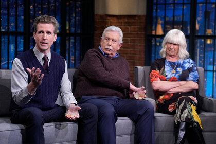 Josh Meyers, Larry Meyers, and Hilary Meyers appear on Late Night with Seth Meyers on November 28, 2024.