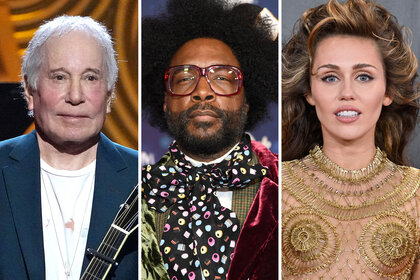 A split of Paul Simon, Questlove and Miley Cyrus