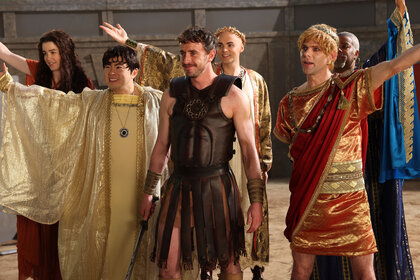 Jane Wickline, Bowen Yang, host Paul Mescal dressed in gladiator costumes on Saturday Night Live Season 50 Episode 8