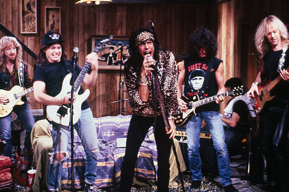 Aerosmith performs during a waynes world sketch on Saturday Night Live