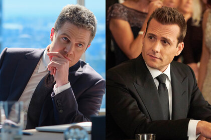 A split featuring Ted Black (Stephen Amell) in Suits: L.A. Episode 101 and Harvey Specter (Gabriel Macht) in Suits Episode 812,