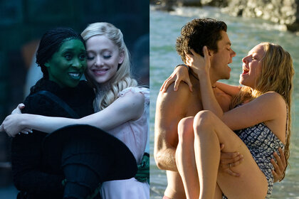 A split featuring Elphaba (Cynthia Erivo) and Glinda (Ariana Grande) in Wicked (2024) and Sky (Dominic Cooper) and Sophie (Amanda Seyfried) in Mamma Mia! (2008).