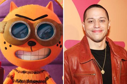 A split image of Petey The Cat from Dog Man and Pete Davidson.