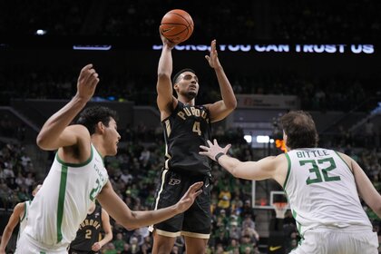 Trey Kaufman-Renn #4 of the Purdue Boilermakers shoots a basketball during a game against the Oregon Ducks.