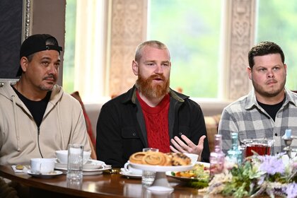 Rob Mariano, Wes Bergmann, and Derrick Levasseur sit at the breakfast table on The Traitors Episode 303.