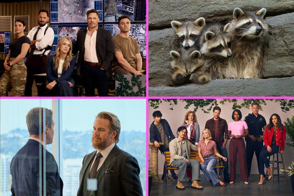 A split featuring the cast of The Hunting Party, a raccon family from The Americas Episode 101, Ted Black (Stephen Amell) and Stuart Lane (Josh McDermitt) from Suits LA Episode 101, and the cast of Grosse Point Garden Society.