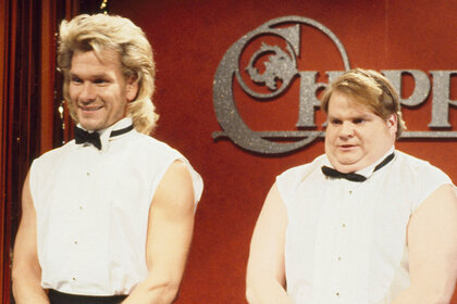 Patrick Swayze and Chris Farley are shirtless during a sketch on Saturday Night Live Season 16 Episode 4.