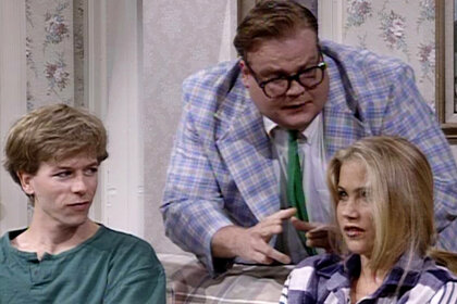 Chris Farley David Spade and Christina Applegate during a sketch on Saturday Night Live Season 18 Episode 19