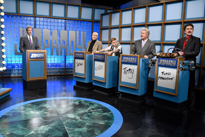 Will Ferrell and other cast members during a celebrity Jeopardy sketch on Saturday Night Live's 40th Anniversary Special