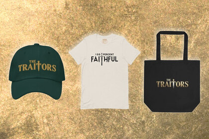 A collage of a traitors hat, T-Shirt and Tote bag