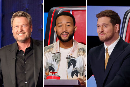 A split of Blake Shelton, John Legend, and Michael Bublé during The Voice.