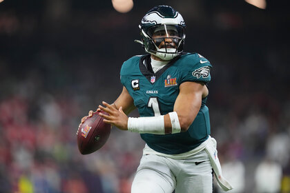 Jalen Hurts during a play on the field during Super Bowl LIX