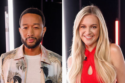 A split of John Legend and Kelsea Ballerini during The Voice Season 27, Episode 2.