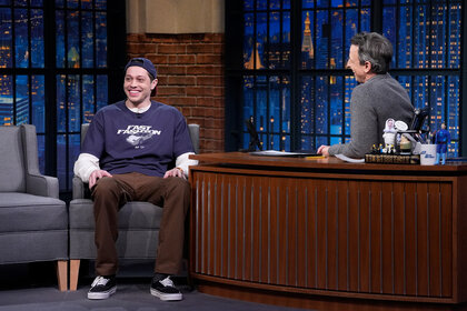 Pete Davidson smiles to the audience on Late Night With Seth Meyers Season 12 Episode 62