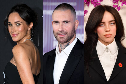 A split featuring Meghan Markle, Adam Levine, and Billie Eilish.