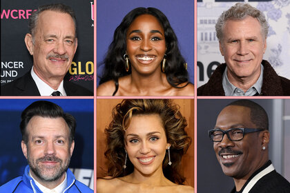 A collage featuring Tom Hanks, Ayo Edebiri, Will Ferrell, Jason Sudeikis, Miley Cyrus, and Eddie Murphy .