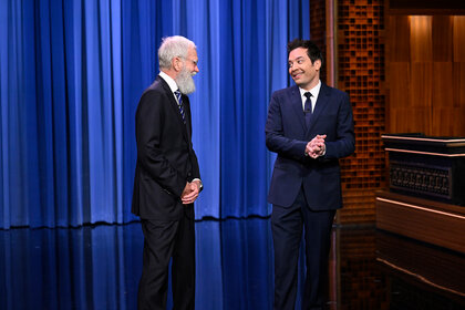 David Letterman joins Jimmy Fallon on stage during his monologue on The Tonight Show Starring Jimmy Fallon Season 12, Episode 69