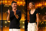 Simon Cowell applauding Nightbirde, who stands next to him onstage