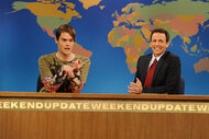 Bill Hader as Stefon and Seth Meyers during "Weekend Update".