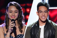 A split of Ddendyl Hoyt on the voice season 6 and Jej Vinson on The Voice season 16