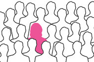 silhouettes of people outlined with a dotted line and a solid pink woman silhouette