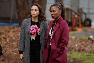 Lacey Quinn and Gabi Mosely having a conversation with another character outside.