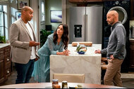 Donald Faison as Trip Schultz, Abigail Spencer as Julia Mariano, and Jon Cryer as Jim Kearney in Extended Family