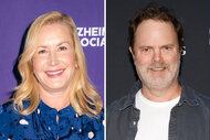 A split of Angela Kinsey wearing a blue dress and Rainn Wilson in a white t shirt