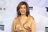 Hoda Kotb smiles in a gold dress as she attends the Hudson River Park Friends 8th Annual Playground Committee Luncheon